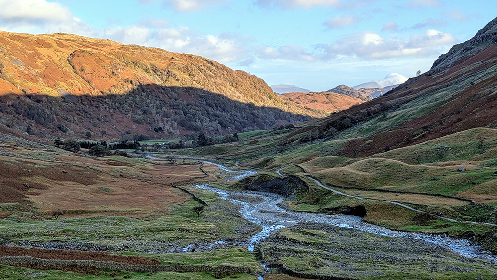 An early look back down to Seathwaite Farm